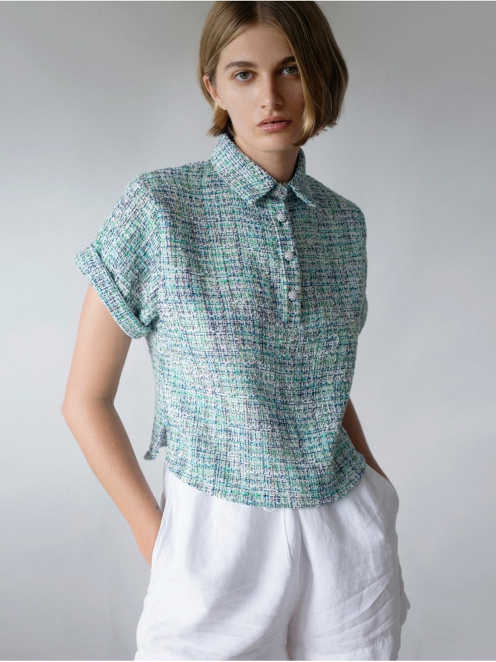 Zara Textured Green Tweed Short-Sleeve Polo